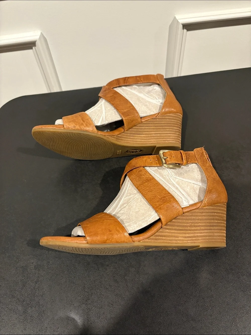Sofft Tan Leather Crisscross Wedge Sandals